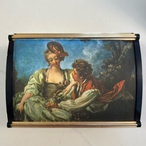 Lady Mate Music Box with textile picture of “The Stolen Kiss” by Fragonard.